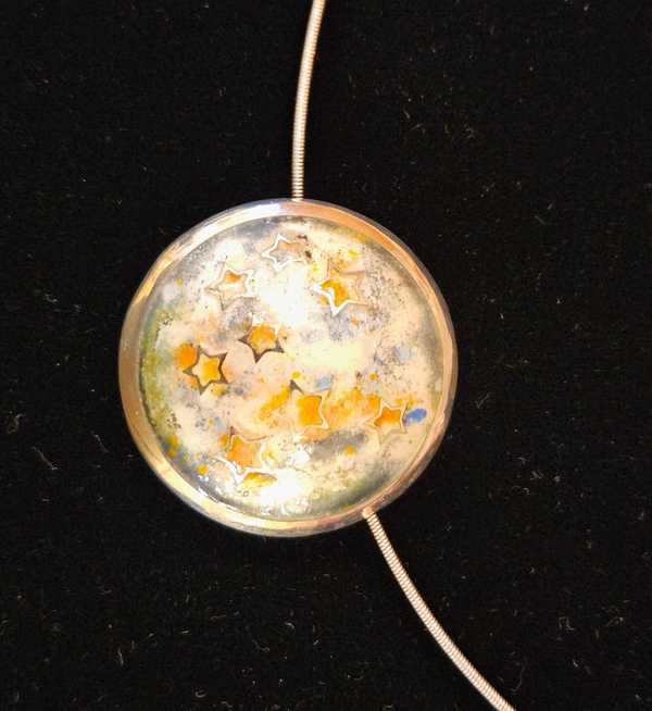 Champleve Pendant - Orange Stars on Multi Background