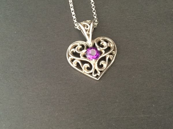 Filigree Heart Pendant w/ Round Amethyst