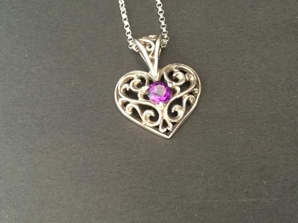 Filigree Heart Pendant w/ Round Amethyst