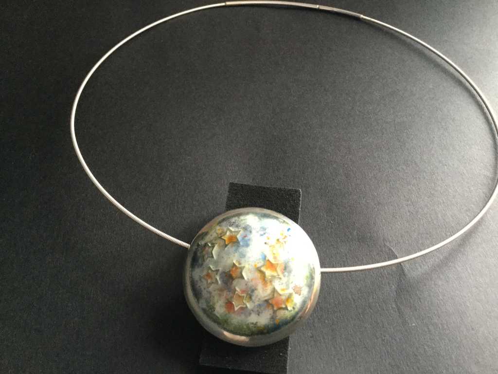 Champleve Pendant - Orange Stars on Multi Background