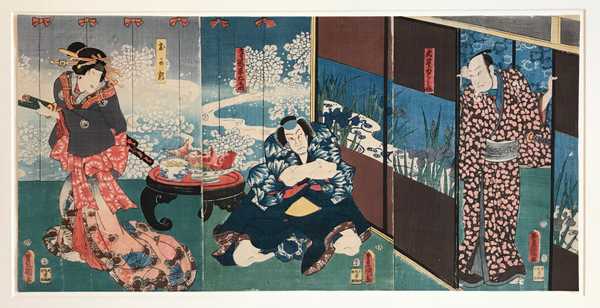 Chushingura, Act 7, in the Ichiriki Teahouse at Gion: Okaru with her brother T. Heiemon as Oboshi Yuranosuke looks on 