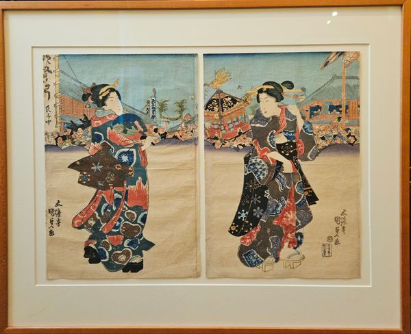 Left and Middle Panels of Bijin Triptych at a Festival by U. Kunisada 