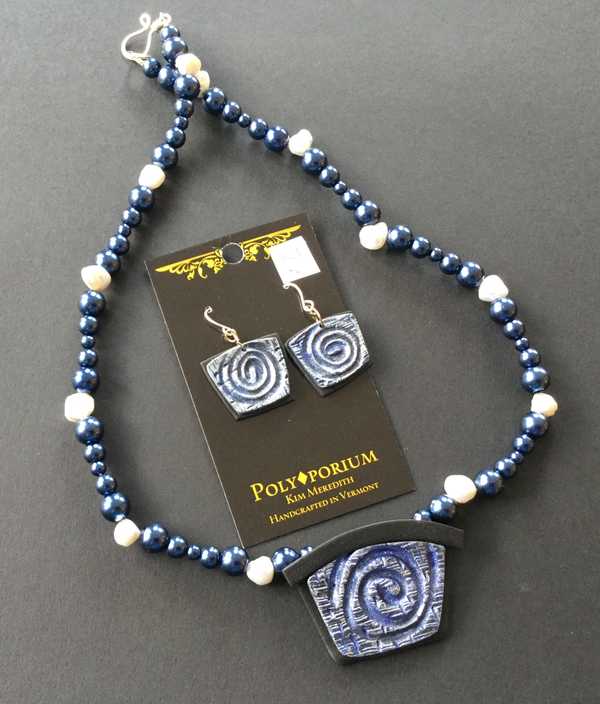 Blue Swirl with Pearls Pendant + Earrings Set 