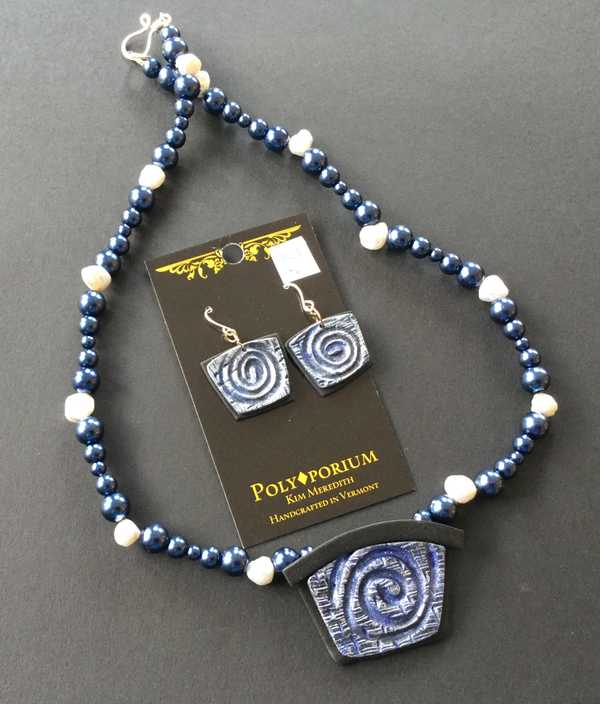 Blue Swirl with Pearls Pendant + Earrings Set